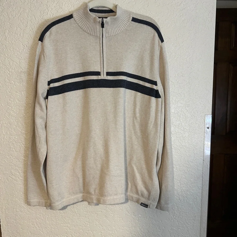 Eddie Bauer Quarter Zip Sweater Ivory Beige XL Striped‎ Pullover Cotton Casual